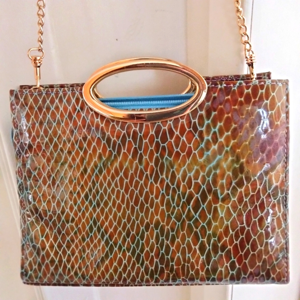 Goldtone Top Handle Snakeskin Print Crossbody